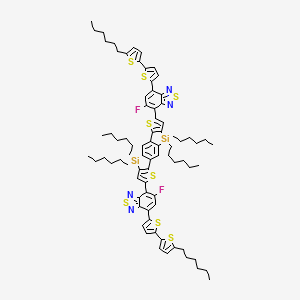 molecular formula C78H92F2N4S8Si2 B12832069 5-fluoro-4-[15-[5-fluoro-7-[5-(5-hexylthiophen-2-yl)thiophen-2-yl]-2,1,3-benzothiadiazol-4-yl]-9,9,18,18-tetrahexyl-5,14-dithia-9,18-disilapentacyclo[10.6.0.03,10.04,8.013,17]octadeca-1(12),2,4(8),6,10,13(17),15-heptaen-6-yl]-7-[5-(5-hexylthiophen-2-yl)thiophen-2-yl]-2,1,3-benzothiadiazole 