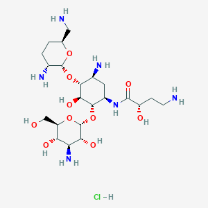 (2S)-4-amino-N-[(1R,2S,3S,4R,5S)-5-amino-4-[(2R,3R,6S)-3-amino-6-(aminomethyl)oxan-2-yl]oxy-2-[(2S,3R,4S,5S,6R)-4-amino-3,5-dihydroxy-6-(hydroxymethyl)oxan-2-yl]oxy-3-hydroxycyclohexyl]-2-hydroxybutanamide;hydrochloride