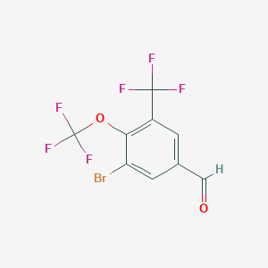 molecular formula C9H3BrF6O2 B12838340 3-Bromo-4-(trifluoromethoxy)-5-(trifluoromethyl)benzaldehyde 