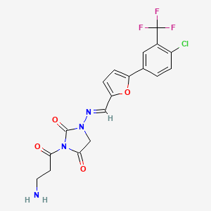 molecular formula C18H14ClF3N4O4 B12838531 3-(3-Aminopropanoyl)-1-(((5-(4-chloro-3-(trifluoromethyl)phenyl)furan-2-yl)methylene)amino)imidazolidine-2,4-dione 