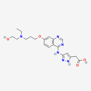 molecular formula C20H26N6O4 B12839577 2-(5-((7-(3-(Ethyl(2-hydroxyethyl)amino)propoxy)quinazolin-4-yl)amino)-1H-pyrazol-3-yl)acetic acid 