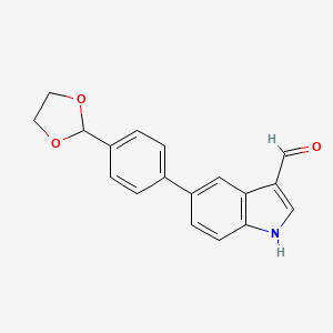 molecular formula C18H15NO3 B12852550 5-[4-(1,3-Dioxolan-2-yl)phenyl]-1H-indole-3-carbaldehyde 