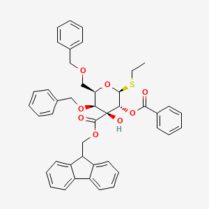 molecular formula C44H42O8S B12859235 9H-fluoren-9-ylmethyl (2S,3R,4S,5S,6R)-3-benzoyloxy-2-ethylsulfanyl-4-hydroxy-5-phenylmethoxy-6-(phenylmethoxymethyl)oxane-4-carboxylate 