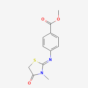 molecular formula C12H12N2O3S B12861410 4-[3-Methyl-4-oxo-thiazolidin-(2E)-ylideneamino]-benzoic acid methyl ester 