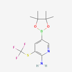 molecular formula C12H16BF3N2O2S B12861784 5-(4,4,5,5-Tetramethyl-1,3,2-dioxaborolan-2-yl)-3-((trifluoromethyl)thio)pyridin-2-amine 