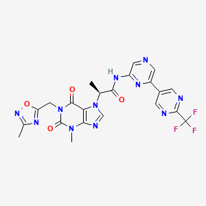 molecular formula C22H18F3N11O4 B12868406 (S)-2-(3-Methyl-1-((3-methyl-1,2,4-oxadiazol-5-yl)methyl)-2,6-dioxo-1,2,3,6-tetrahydro-7H-purin-7-yl)-N-(6-(2-(trifluoromethyl)pyrimidin-5-yl)pyrazin-2-yl)propanamide 