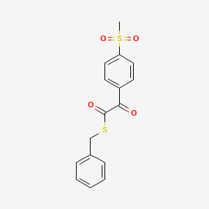 molecular formula C16H14O4S2 B12870619 Benzeneethanethioic acid, 4-(methylsulfonyl)-alpha-oxo-, S-(phenylmethyl) ester 