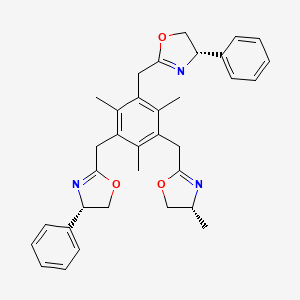 molecular formula C34H37N3O3 B12873325 (4S,4'S)-2,2'-((2,4,6-Trimethyl-5-(((R)-4-methyl-4,5-dihydrooxazol-2-yl)methyl)-1,3-phenylene)bis(methylene))bis(4-phenyl-4,5-dihydrooxazole) 