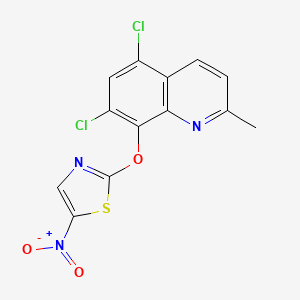 molecular formula C13H7Cl2N3O3S B12875493 Quinoline, 5,7-dichloro-2-methyl-8-((5-nitro-2-thiazolyl)oxy)- CAS No. 53341-28-9