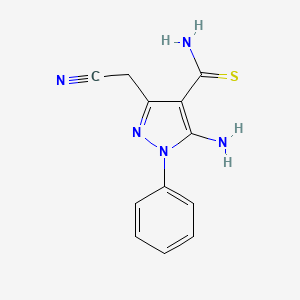 molecular formula C12H11N5S B12876444 5-Amino-3-(cyanomethyl)-1-phenyl-1H-pyrazole-4-carbothioamide CAS No. 61414-21-9