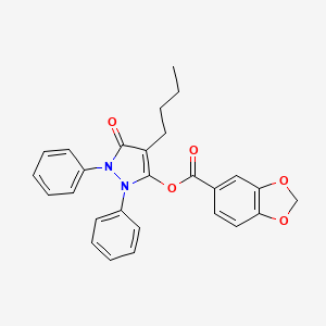 molecular formula C27H24N2O5 B12887220 4-Butyl-1,2-dihydro-5-((3,4-methylenedioxybenzoyl)oxy)-1,2-diphenyl-3H-pyrazol-3-one CAS No. 87792-15-2