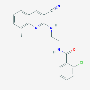 molecular formula C20H17ClN4O B12888164 2-Chloro-N-(2-((3-cyano-8-methylquinolin-2-yl)amino)ethyl)benzamide CAS No. 606105-12-8