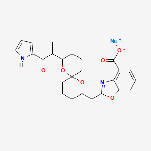 molecular formula C27H31N2NaO6 B12888753 Sodium 2-((3,9-dimethyl-8-(1-oxo-1-(1H-pyrrol-2-yl)propan-2-yl)-1,7-dioxaspiro[5.5]undecan-2-yl)methyl)benzo[d]oxazole-4-carboxylate 