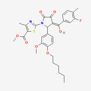 molecular formula C31H33FN2O7S B12889579 Methyl 2-(3-(3-fluoro-4-methylbenzoyl)-2-(4-(hexyloxy)-3-methoxyphenyl)-4-hydroxy-5-oxo-2,5-dihydro-1H-pyrrol-1-yl)-4-methylthiazole-5-carboxylate CAS No. 618072-66-5