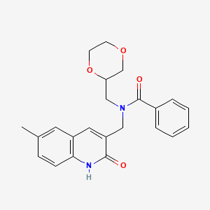 N-(1,4-dioxan-2-ylmethyl)-N-[(6-methyl-2-oxo-1H-quinolin-3-yl)methyl]benzamide