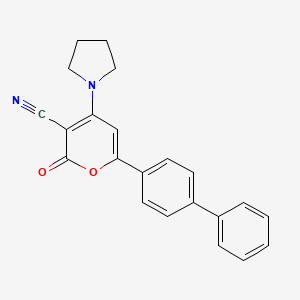 molecular formula C22H18N2O2 B12913903 2H-Pyran-3-carbonitrile, 6-[1,1'-biphenyl]-4-yl-2-oxo-4-(1-pyrrolidinyl)- CAS No. 577993-30-7