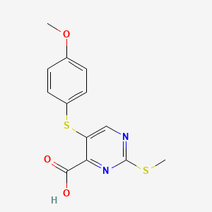 molecular formula C13H12N2O3S2 B12916276 4-Pyrimidinecarboxylic acid, 5-((4-methoxyphenyl)thio)-2-(methylthio)- CAS No. 25818-48-8