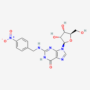 molecular formula C17H18N6O7 B12919418 9-((2R,3R,4S,5R)-3,4-Dihydroxy-5-(hydroxymethyl)tetrahydrofuran-2-yl)-2-((4-nitrobenzyl)amino)-1H-purin-6(9H)-one CAS No. 88158-08-1