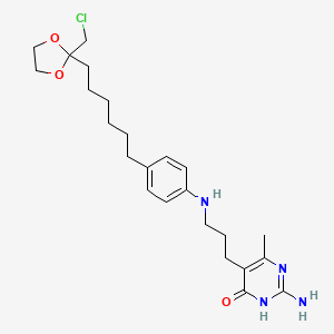 molecular formula C24H35ClN4O3 B12921657 2-Amino-5-{3-[(4-{6-[2-(chloromethyl)-1,3-dioxolan-2-yl]hexyl}phenyl)amino]propyl}-6-methylpyrimidin-4(1h)-one CAS No. 2664-49-5