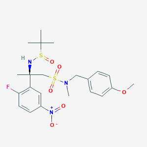 molecular formula C22H30FN3O6S2 B12933684 (R)-2-(((R)-tert-Butylsulfinyl)amino)-2-(2-fluoro-5-nitrophenyl)-N-(4-methoxybenzyl)-N-methylpropane-1-sulfonamide 