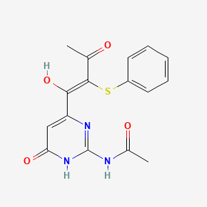 molecular formula C16H15N3O4S B12939429 Acetamide, N-(1,6-dihydro-4-(1-hydroxy-3-oxo-2-(phenylthio)-1-buten-1-yl)-6-oxo-2-pyrimidinyl)- CAS No. 86971-06-4