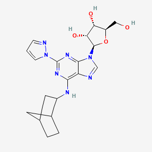 molecular formula C20H25N7O4 B12939931 (2R,3R,4S,5R)-2-(6-(Bicyclo[2.2.1]heptan-2-ylamino)-2-(1H-pyrazol-1-yl)-9H-purin-9-yl)-5-(hydroxymethyl)tetrahydrofuran-3,4-diol CAS No. 915146-98-4