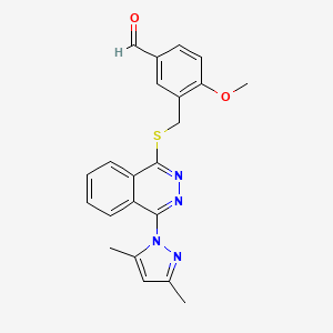 molecular formula C22H20N4O2S B12941897 Benzaldehyde, 3-[[[4-(3,5-dimethyl-1H-pyrazol-1-YL)-1-phthalazinyl]thio]methyl]-4-methoxy- CAS No. 606122-39-8