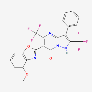 molecular formula C22H12F6N4O3 B12943114 6-(4-Methoxybenzo[d]oxazol-2-yl)-3-phenyl-2,5-bis(trifluoromethyl)pyrazolo[1,5-a]pyrimidin-7(4H)-one 