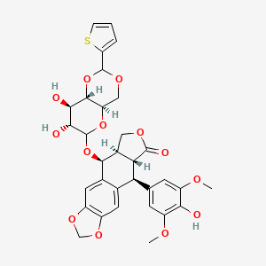 molecular formula C32H32O13S B12944485 (5S,5aR,8aR,9S)-5-[[(4aR,7R,8R,8aS)-7,8-dihydroxy-2-thiophen-2-yl-4,4a,6,7,8,8a-hexahydropyrano[3,2-d][1,3]dioxin-6-yl]oxy]-9-(4-hydroxy-3,5-dimethoxyphenyl)-5a,6,8a,9-tetrahydro-5H-[2]benzofuro[6,5-f][1,3]benzodioxol-8-one 