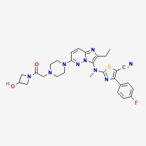 molecular formula C28H30FN9O2S B12944635 2-((2-Ethyl-6-(4-(2-(3-hydroxyazetidin-1-yl)-2-oxoethyl)piperazin-1-yl)imidazo[1,2-b]pyridazin-3-yl)(methyl)amino)-4-(4-fluorophenyl)thiazole-5-carbonitrile 