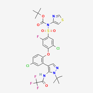 molecular formula C29H27Cl2F4N5O6S2 B12953044 tert-butyl ((4-(2-(1-(tert-butyl)-5-(2,2,2-trifluoroacetamido)-1H-pyrazol-4-yl)-4-chlorophenoxy)-5-chloro-2-fluorophenyl)sulfonyl)(thiazol-4-yl)carbamate 