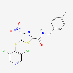 molecular formula C17H12Cl2N4O3S2 B12954674 5-((3,5-Dichloropyridin-4-yl)thio)-N-(4-methylbenzyl)-4-nitrothiazole-2-carboxamide 