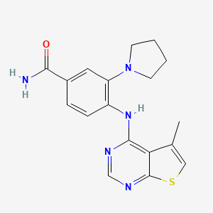 molecular formula C18H19N5OS B12955327 4-(5-Methylthieno[2,3-d]pyrimidin-4-ylamino)-3-(pyrrolidin-1-yl)-benzamide 