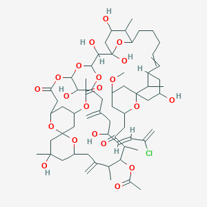 molecular formula C63H95ClO21 B129583 8,12,45,46,47,48,50-七氧七环(39.3.1.1(1,5).1(9,13).1(15,19).1(25,29).1(29,33))五十一烷-23-二酮, 3,37-双(乙酰氧基)-11-(7-氯-4-羟基-2-亚甲基-5,7-辛二烯基)-10,14,15,17,27,43-六羟基-31-甲氧基-18,36,38,43,49-五甲基-39-亚甲基- CAS No. 148179-94-6