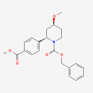 molecular formula C21H23NO5 B12976292 4-((2S,4S)-1-((Benzyloxy)carbonyl)-4-methoxypiperidin-2-yl)benzoic acid 