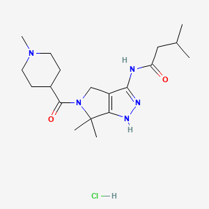 molecular formula C19H32ClN5O2 B12979339 N-[6,6-dimethyl-5-(1-methylpiperidine-4-carbonyl)-1,4-dihydropyrrolo[3,4-c]pyrazol-3-yl]-3-methylbutanamide;hydrochloride CAS No. 718630-60-5