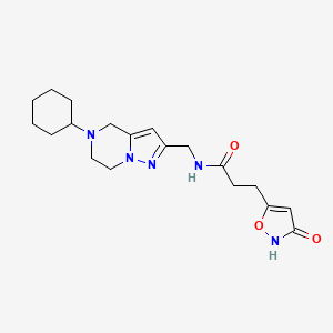 molecular formula C19H27N5O3 B12981686 N-((5-Cyclohexyl-4,5,6,7-tetrahydropyrazolo[1,5-a]pyrazin-2-yl)methyl)-3-(3-oxo-2,3-dihydroisoxazol-5-yl)propanamide 