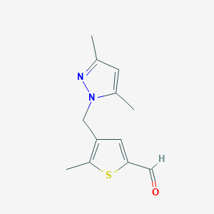 molecular formula C12H14N2OS B12986243 4-((3,5-Dimethyl-1H-pyrazol-1-yl)methyl)-5-methylthiophene-2-carbaldehyde 