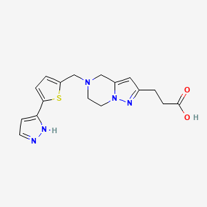 molecular formula C17H19N5O2S B12986838 3-(5-((5-(1H-Pyrazol-3-yl)thiophen-2-yl)methyl)-4,5,6,7-tetrahydropyrazolo[1,5-a]pyrazin-2-yl)propanoic acid 