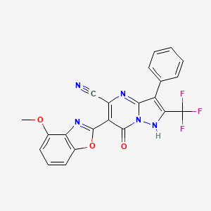 molecular formula C22H12F3N5O3 B12989090 6-(4-Methoxybenzo[d]oxazol-2-yl)-7-oxo-3-phenyl-2-(trifluoromethyl)-4,7-dihydropyrazolo[1,5-a]pyrimidine-5-carbonitrile 