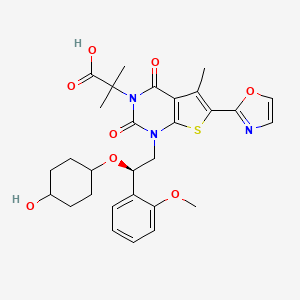 molecular formula C29H33N3O8S B12989567 2-(1-((R)-2-(((1S,4S)-4-hydroxycyclohexyl)oxy)-2-(2-methoxyphenyl)ethyl)-5-methyl-6-(oxazol-2-yl)-2,4-dioxo-1,4-dihydrothieno[2,3-d]pyrimidin-3(2H)-yl)-2-methylpropanoic acid 