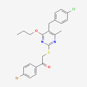 molecular formula C23H22BrClN2O2S B12991487 1-(4-Bromophenyl)-2-((5-(4-chlorobenzyl)-4-methyl-6-propoxypyrimidin-2-yl)thio)ethanone 