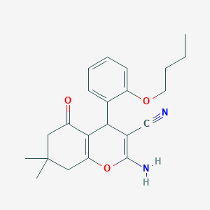 molecular formula C22H26N2O3 B12992321 2-amino-4-(2-butoxyphenyl)-7,7-dimethyl-5-oxo-5,6,7,8-tetrahydro-4H-chromene-3-carbonitrile 