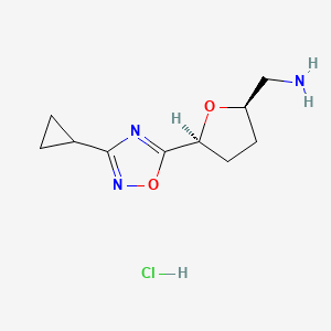 molecular formula C10H16ClN3O2 B12992928 ((2R,5S)-5-(3-Cyclopropyl-1,2,4-oxadiazol-5-yl)tetrahydrofuran-2-yl)methanamine hydrochloride 