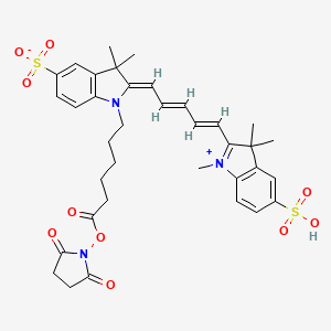 molecular formula C36H41N3O10S2 B12993930 1-(6-((2,5-Dioxopyrrolidin-1-yl)oxy)-6-oxohexyl)-3,3-dimethyl-2-(5-(1,3,3-trimethyl-5-sulfoindolin-2-ylidene)penta-1,3-dien-1-yl)-3H-indol-1-ium-5-sulfonate 