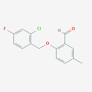 molecular formula C15H12ClFO2 B12994554 2-((2-Chloro-4-fluorobenzyl)oxy)-5-methylbenzaldehyde 