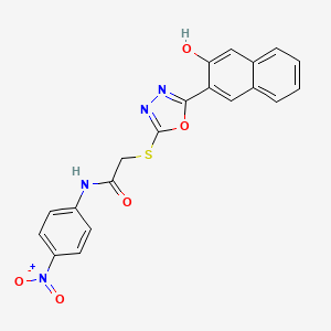 molecular formula C20H14N4O5S B12994948 2-((5-(3-Hydroxynaphthalen-2-yl)-1,3,4-oxadiazol-2-yl)thio)-N-(4-nitrophenyl)acetamide 