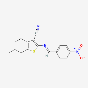 molecular formula C17H15N3O2S B12995735 6-Methyl-2-[(4-nitro-benzylidene)-amino]-4,5,6,7-tetrahydro-benzo[b]thiophene-3-carbonitrile 