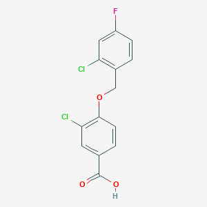 molecular formula C14H9Cl2FO3 B12996508 3-Chloro-4-((2-chloro-4-fluorobenzyl)oxy)benzoic acid 