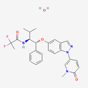 molecular formula C27H30F2N4O4 B12997691 2,2-Difluoro-N-((1R,2S)-3-methyl-1-((1-(1-methyl-6-oxo-1,6-dihydropyridin-3-yl)-1H-indazol-5-yl)oxy)-1-phenylbutan-2-yl)propanamide hydrate 